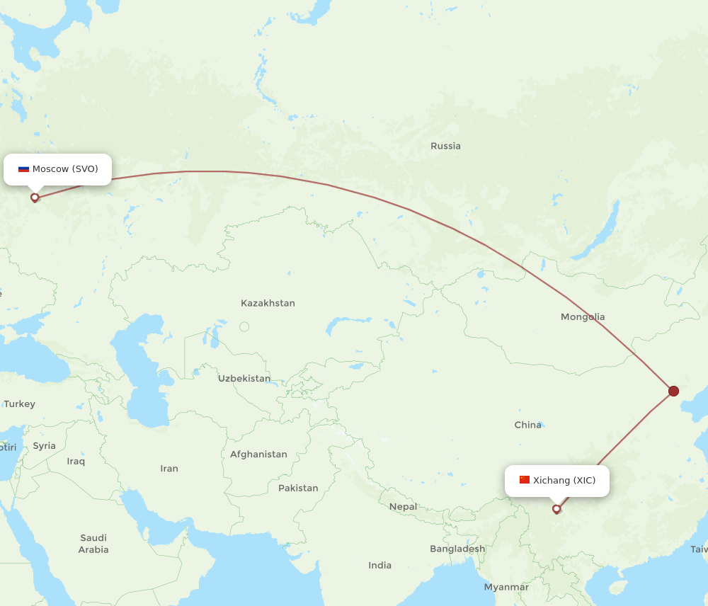 Moscow - Xichang route map and flight paths