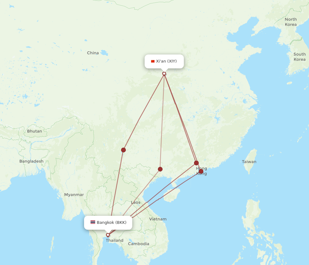 XIY to BKK flights and routes map