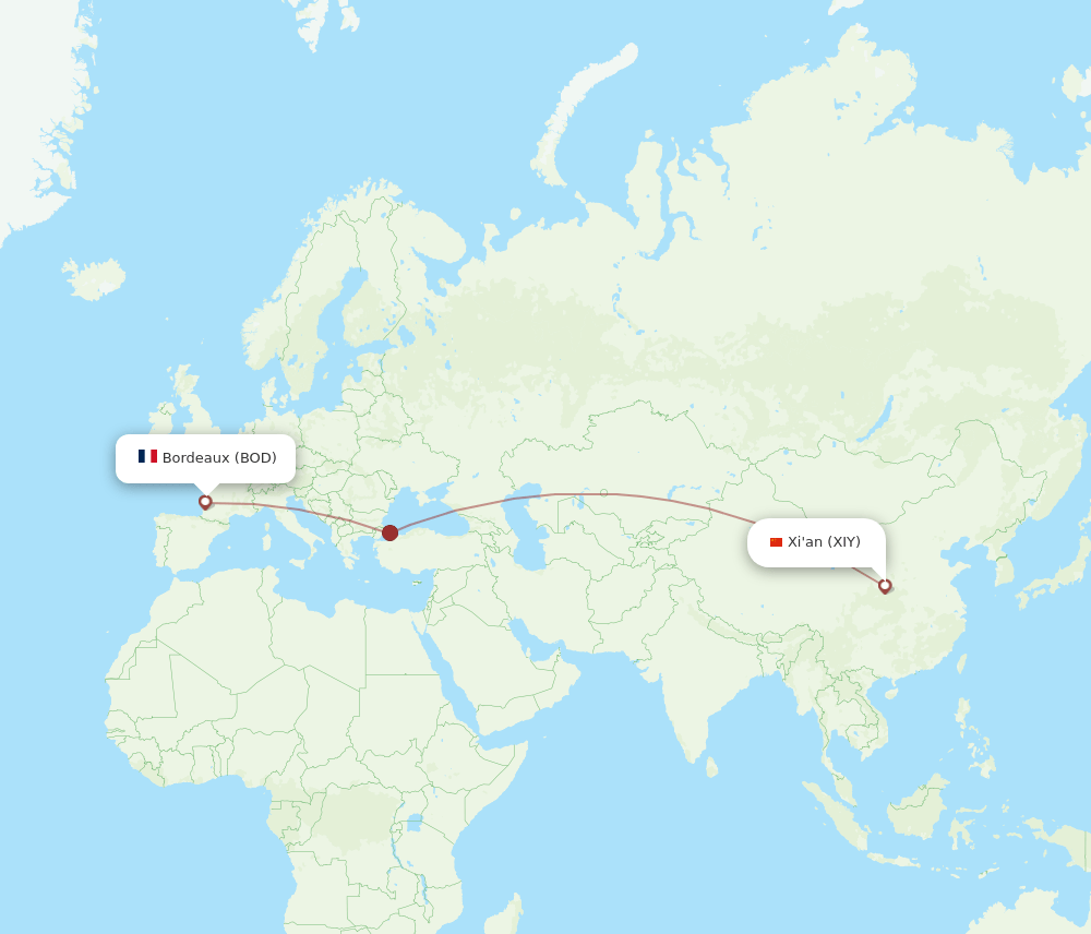 Xian - Bordeaux route map and flight paths