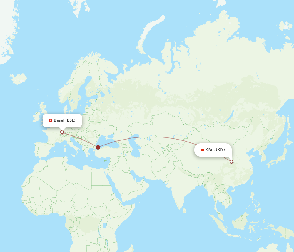Xian - Basel, Switzerland/Mulhouse route map and flight paths