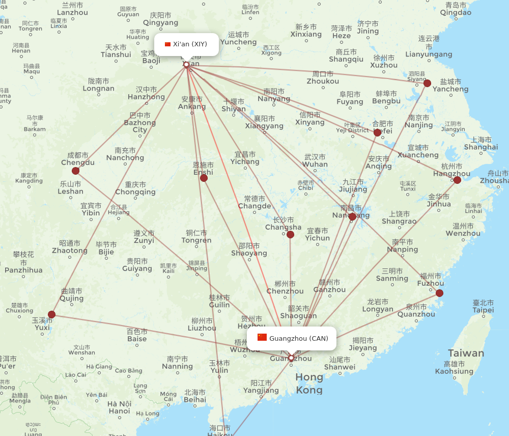 XIY to CAN flights and routes map