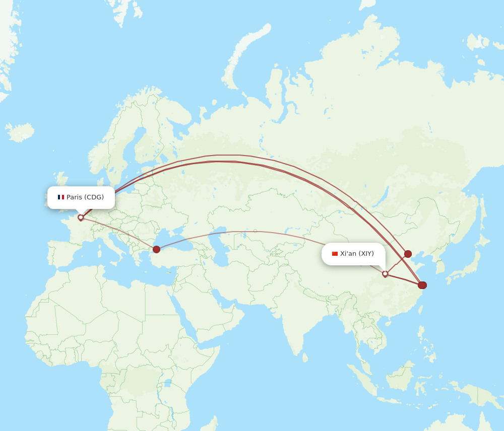 XIY to CDG flights and routes map