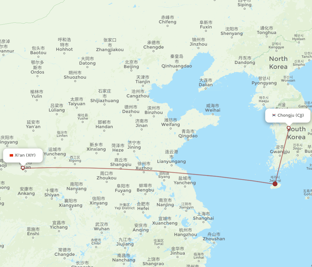 Cheongju - Xian route map and flight paths