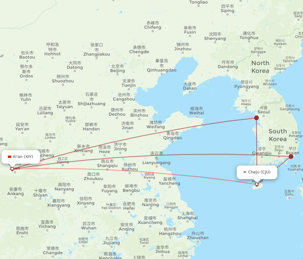 XIY-CJU flight routes