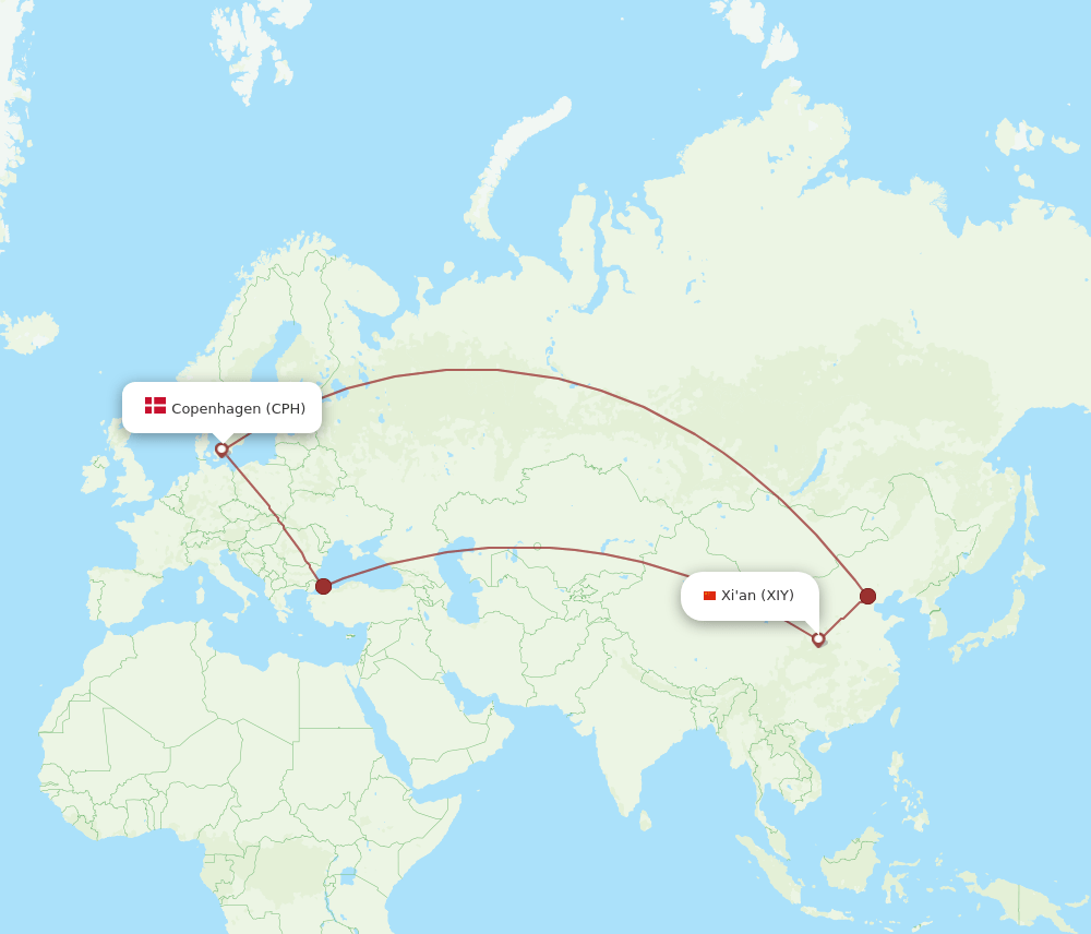 XIY-CPH flight routes