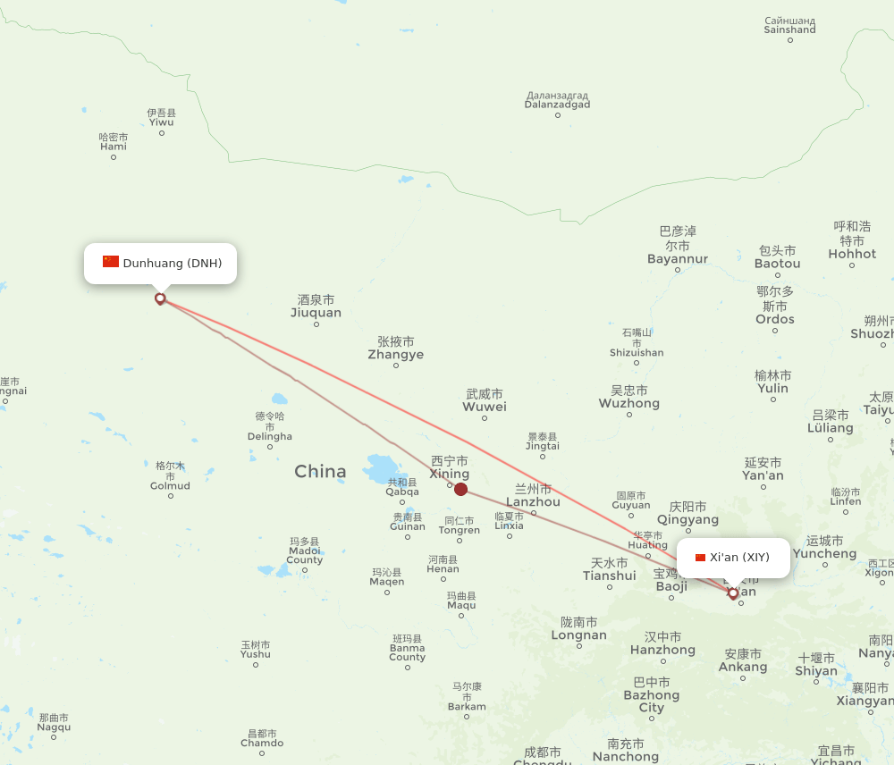 XIY to DNH flights and routes map