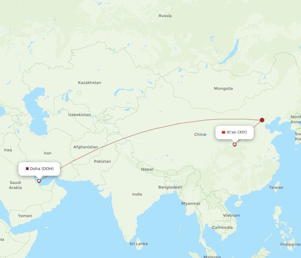 XIY to DOH flights and routes map
