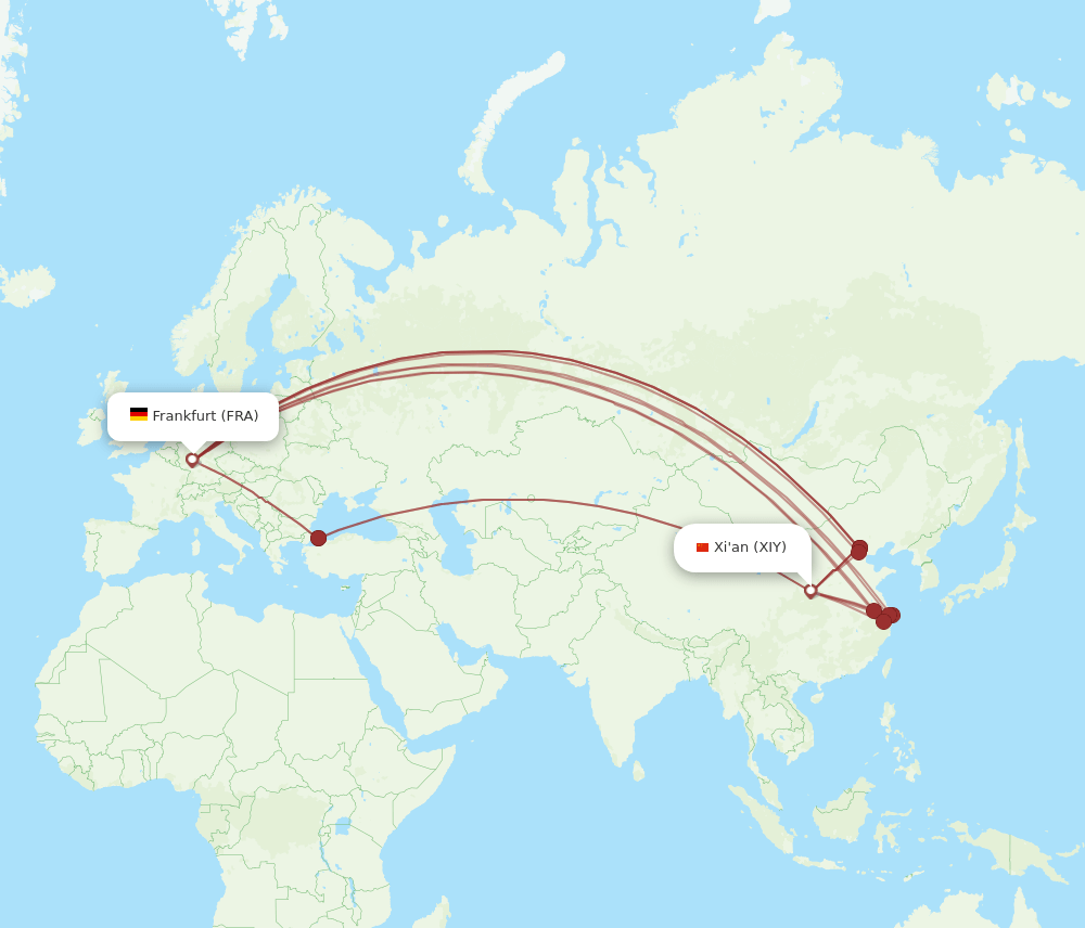 XIY to FRA flights and routes map