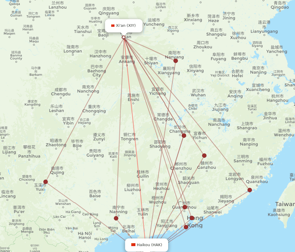 XIY to HAK flights and routes map