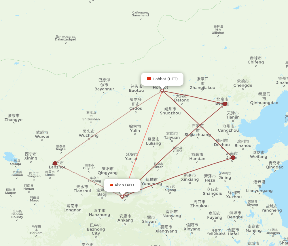 XIY to HET flights and routes map