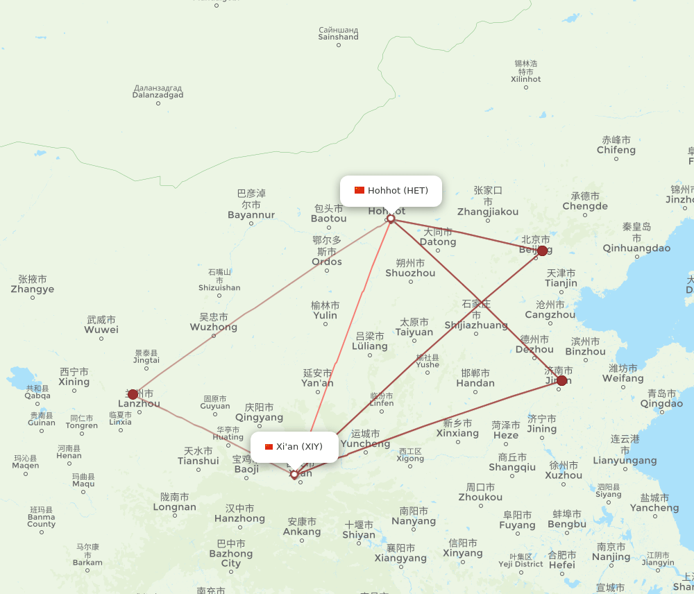 XIY to HET flights and routes map