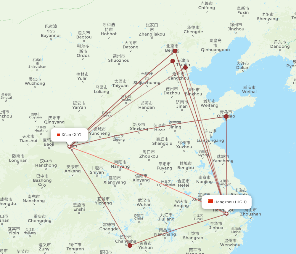 XIY to HGH flights and routes map