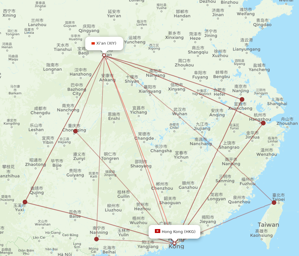 XIY to HKG flights and routes map