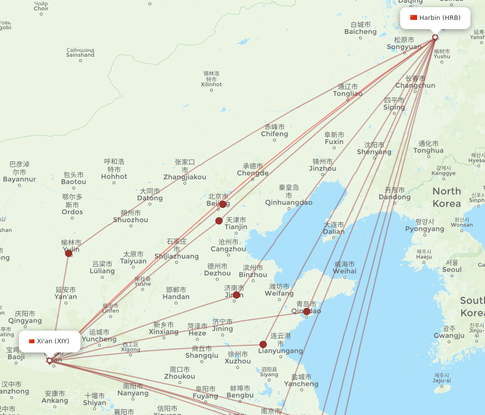 XIY to HRB flights and routes map