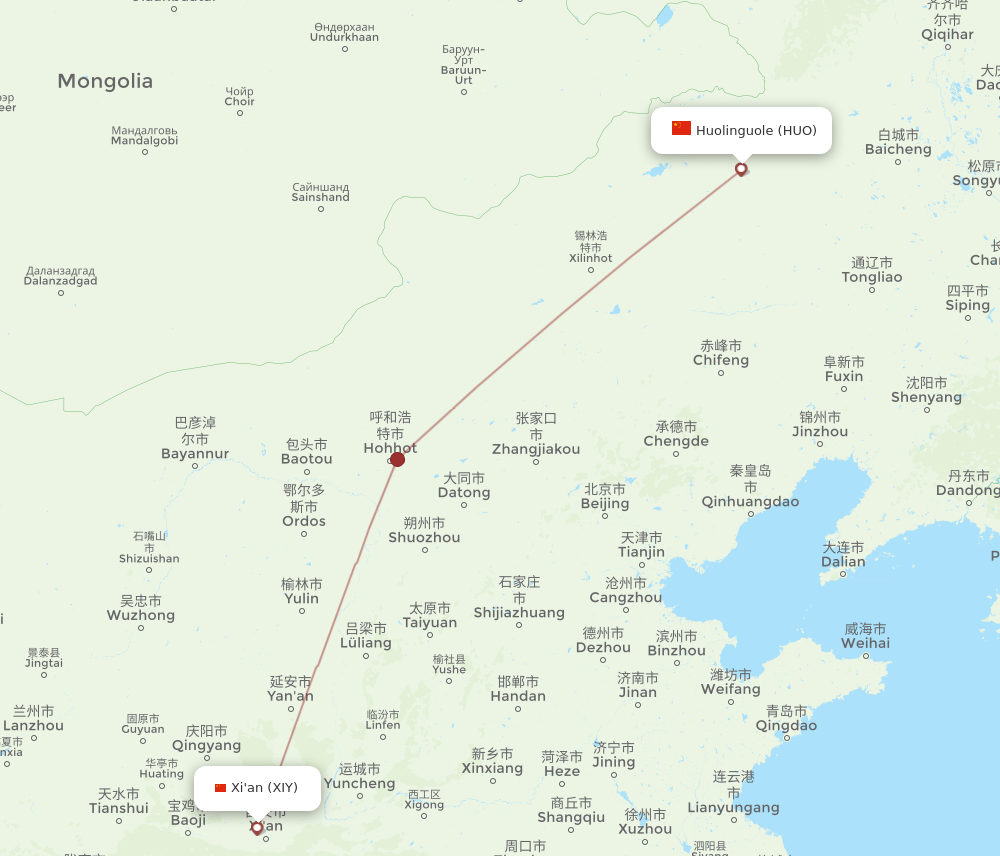 HUO to XIY flights and routes map