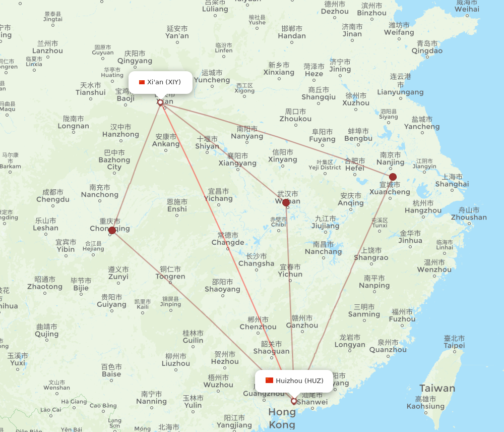 XIY to HUZ flights and routes map