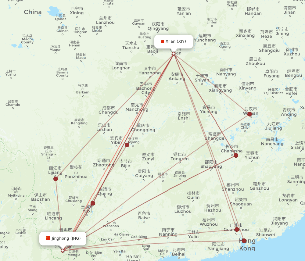 XIY-JHG flight routes