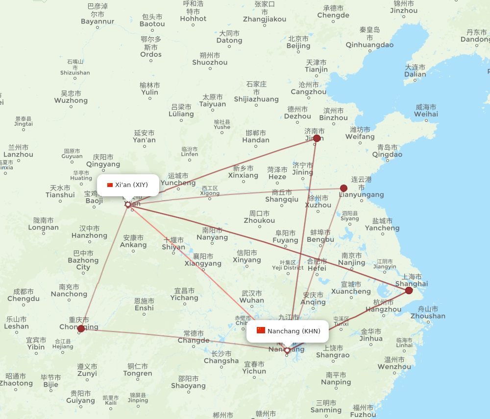 XIY to KHN flights and routes map