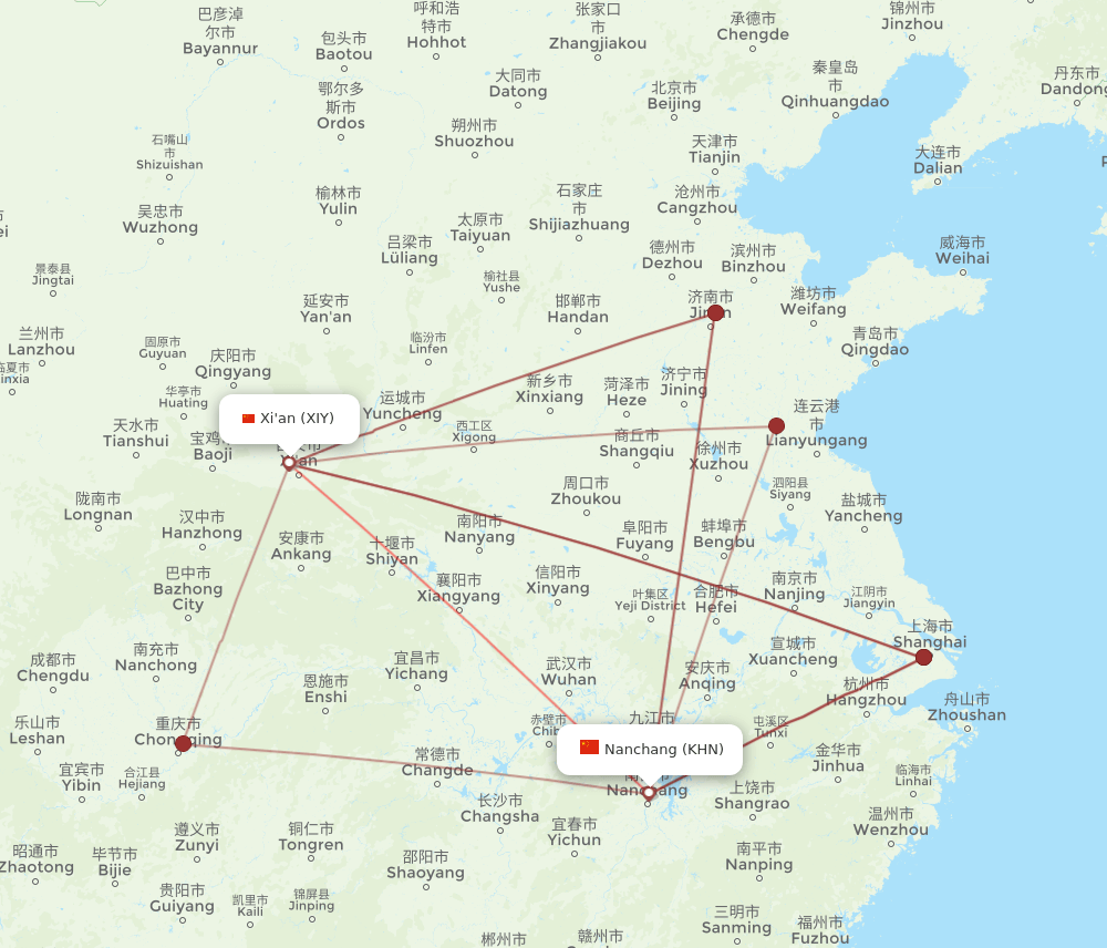 XIY-KHN flight routes