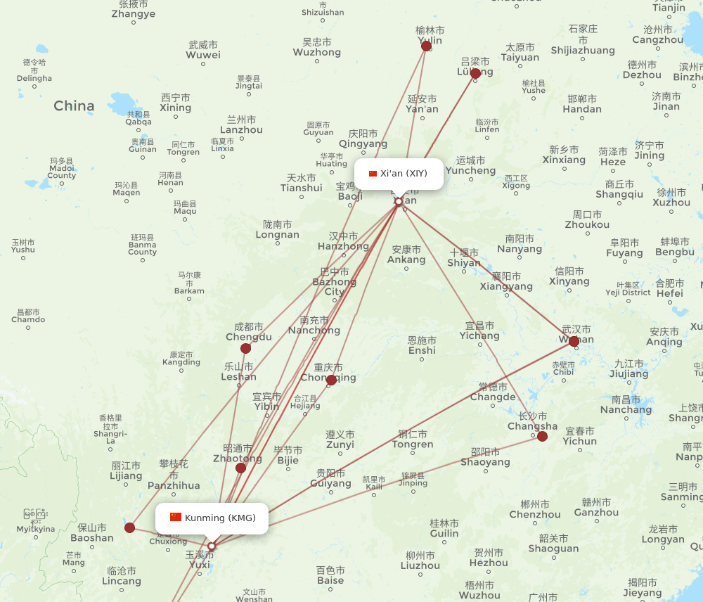 XIY to KMG flights and routes map