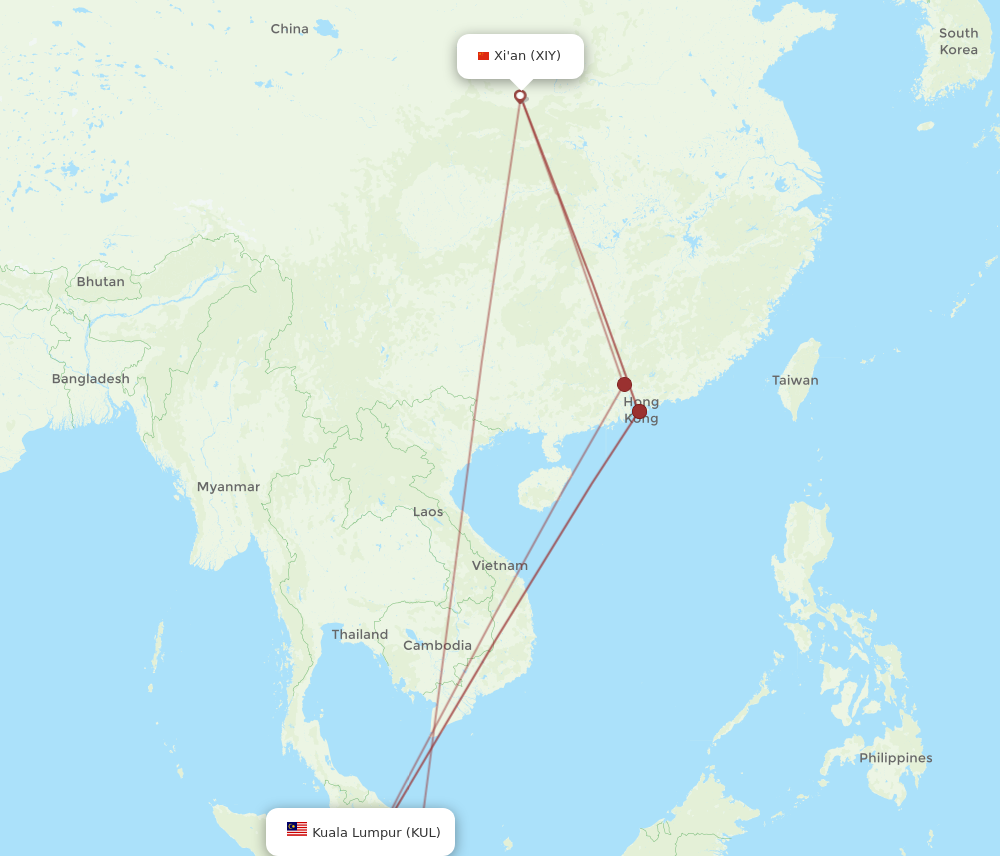 XIY to KUL flights and routes map