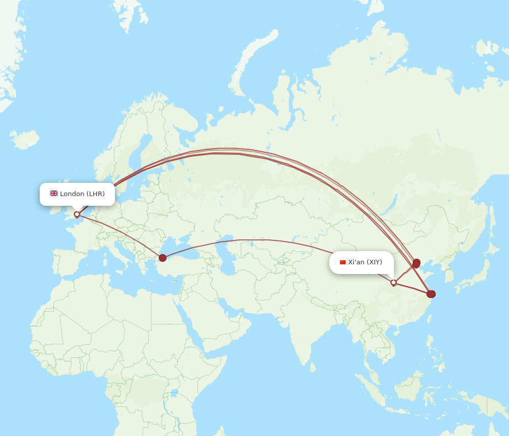 XIY to LHR flights and routes map
