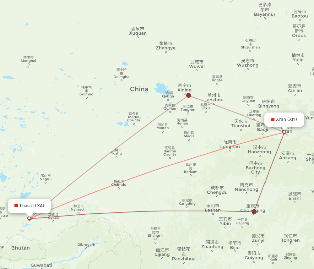 XIY-LXA flight routes