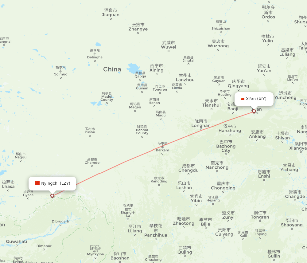 XIY to LZY flights and routes map