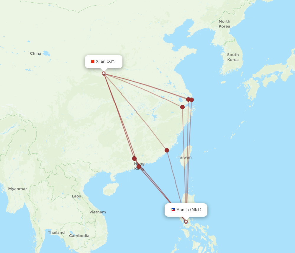 XIY to MNL flights and routes map