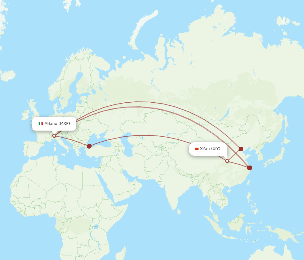 XIY to MXP flights and routes map