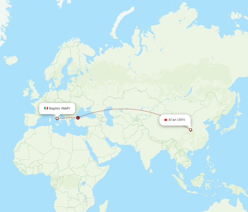 Xian - Naples route map and flight paths