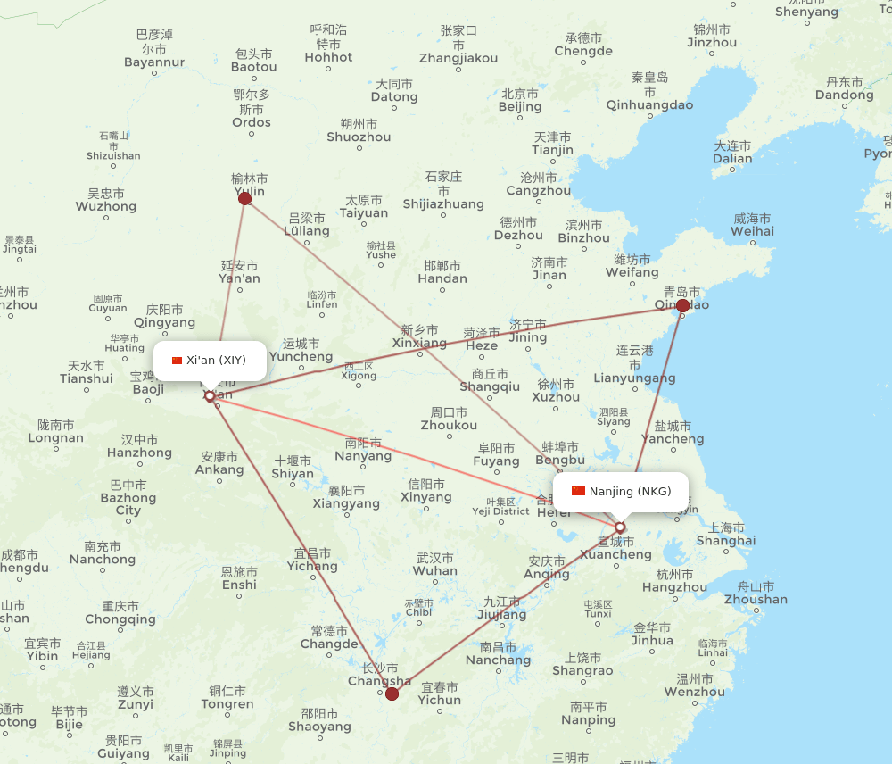 XIY to NKG flights and routes map