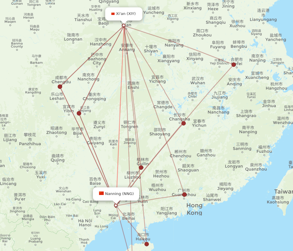 XIY to NNG flights and routes map