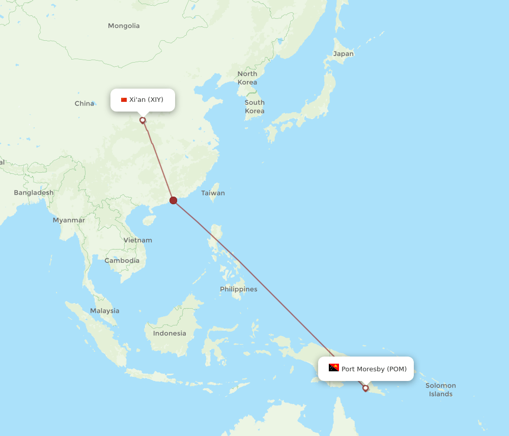 Port Moresby - Xian route map and flight paths