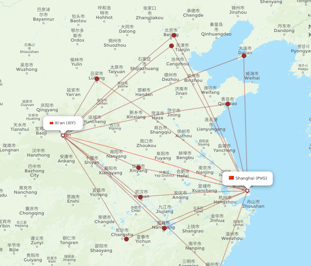 XIY to PVG flights and routes map