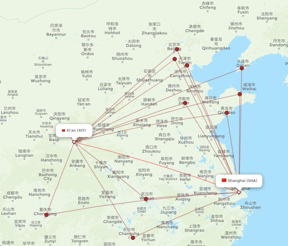 XIY to SHA flights and routes map