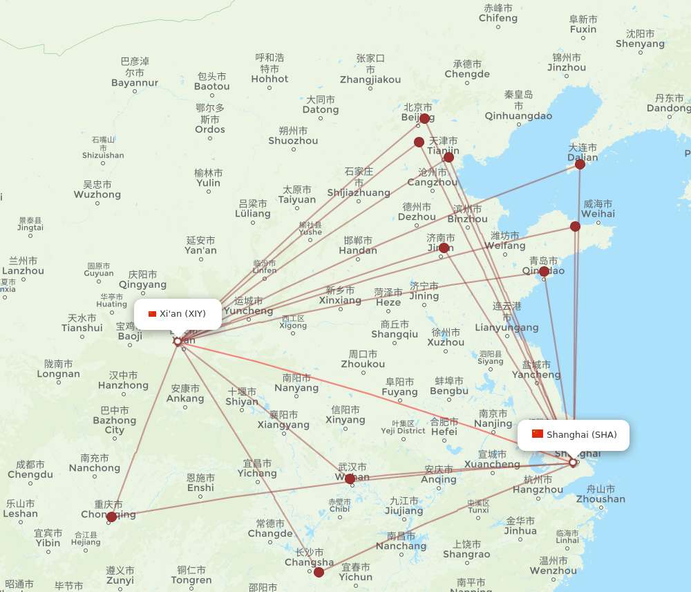 XIY-SHA flight routes