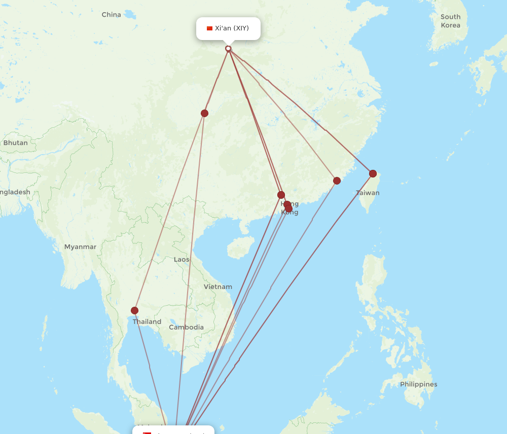 XIY to SIN flights and routes map