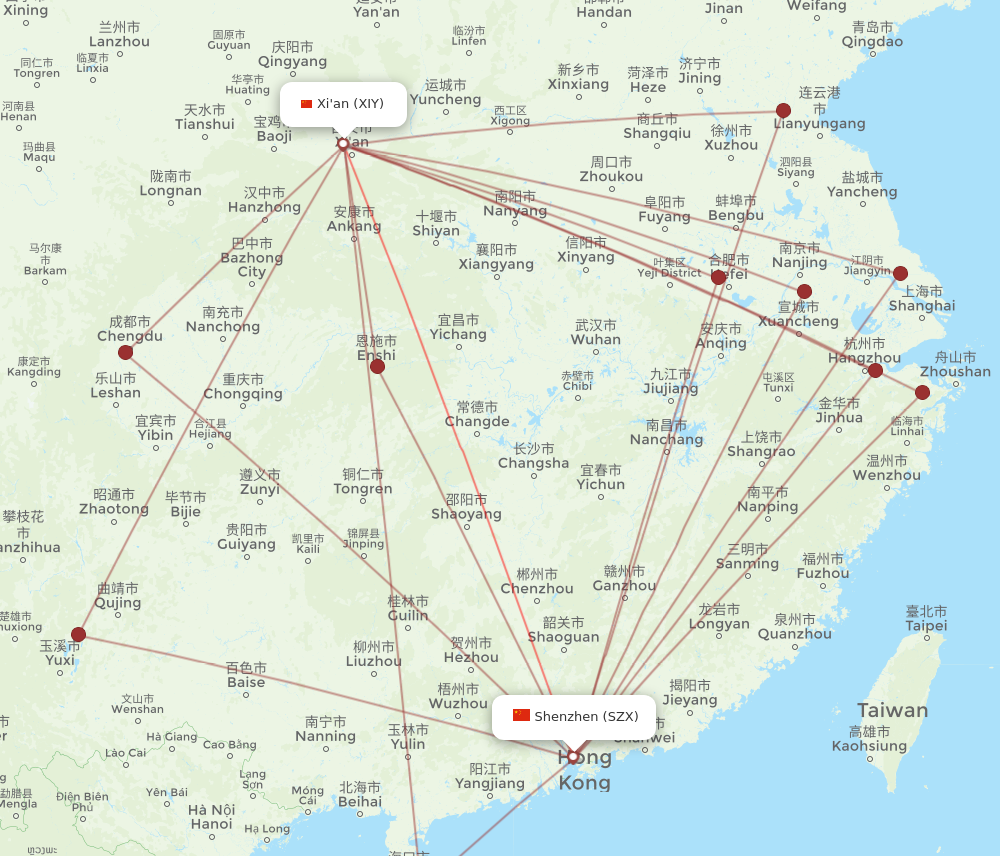 XIY to SZX flights and routes map