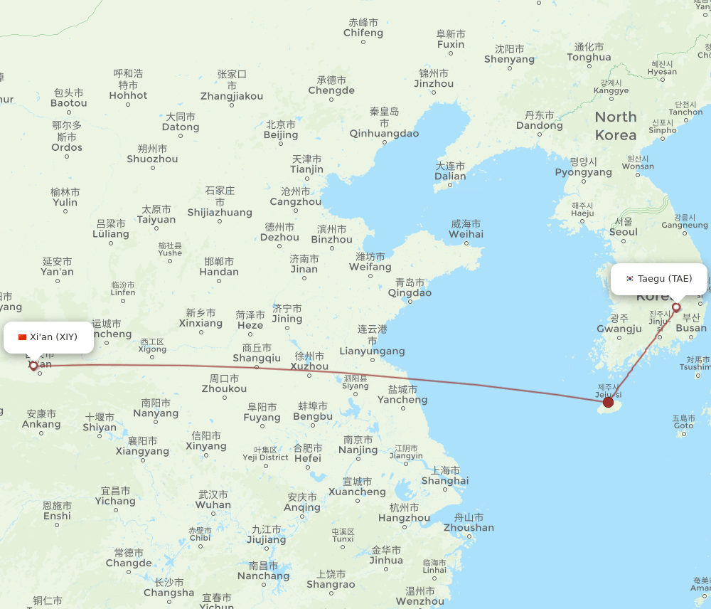 Daegu - Xian route map and flight paths