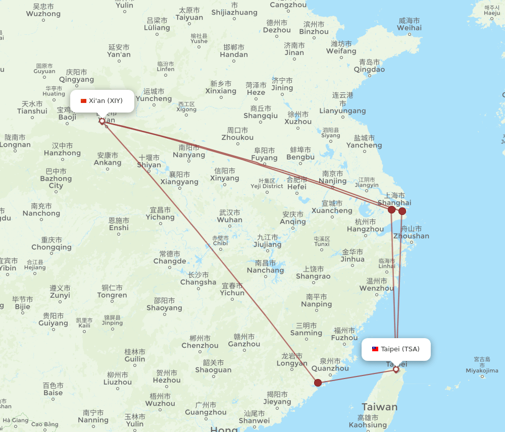 XIY-TSA flight routes