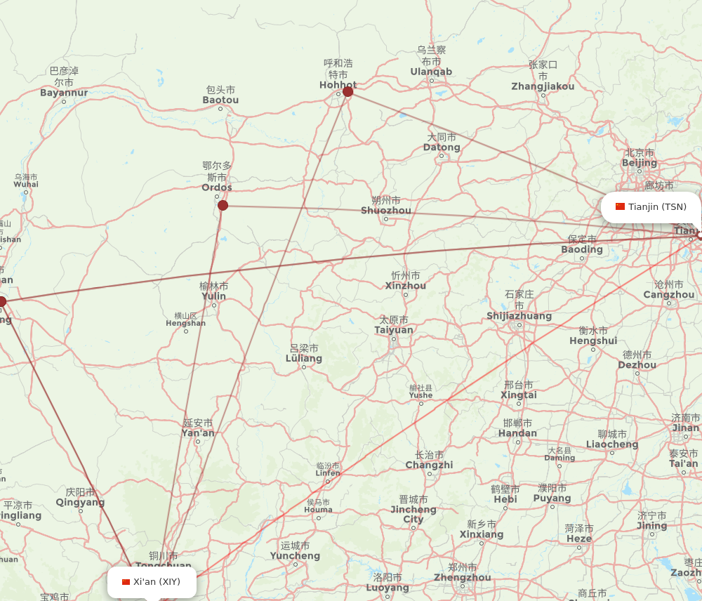 XIY to TSN flights and routes map