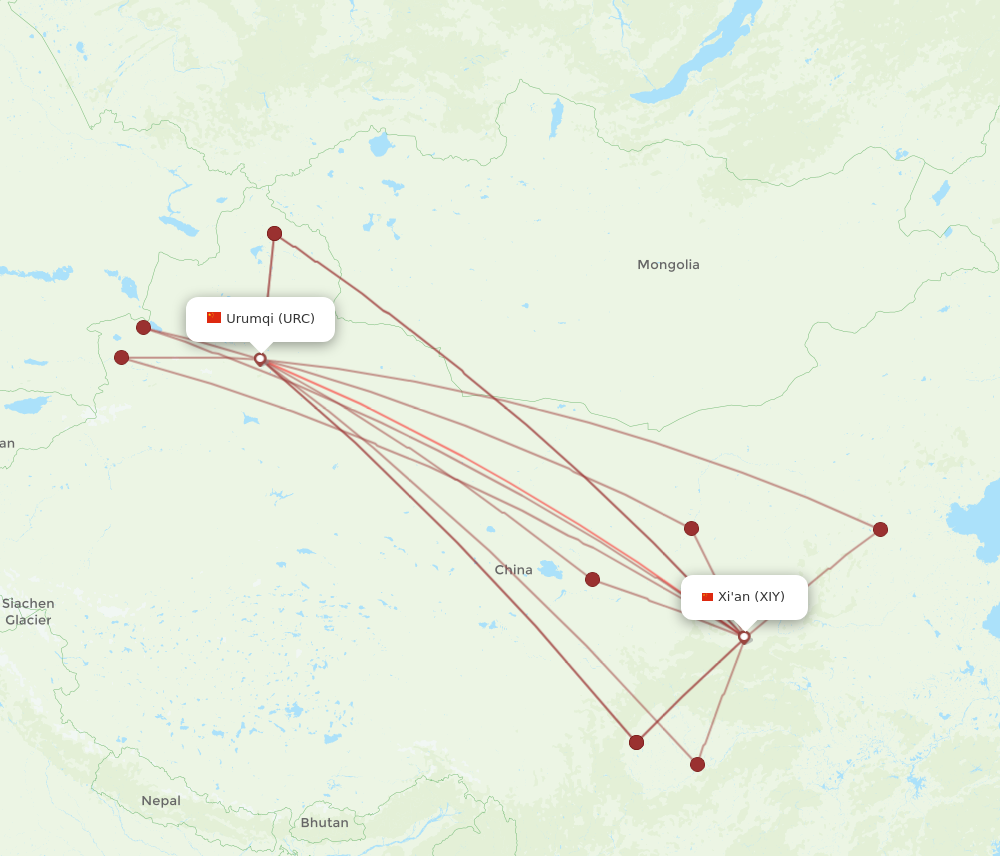 XIY to URC flights and routes map
