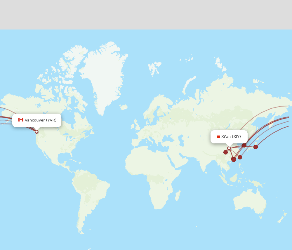 Vancouver - Xian route map and flight paths