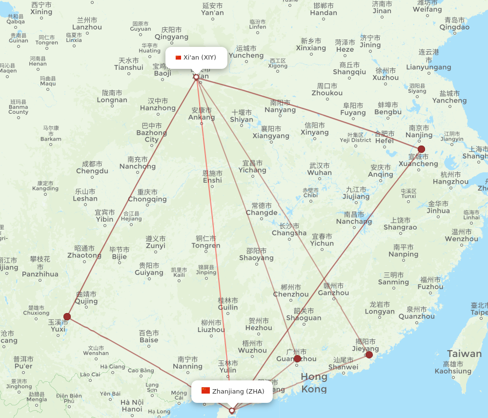 XIY to ZHA flights and routes map