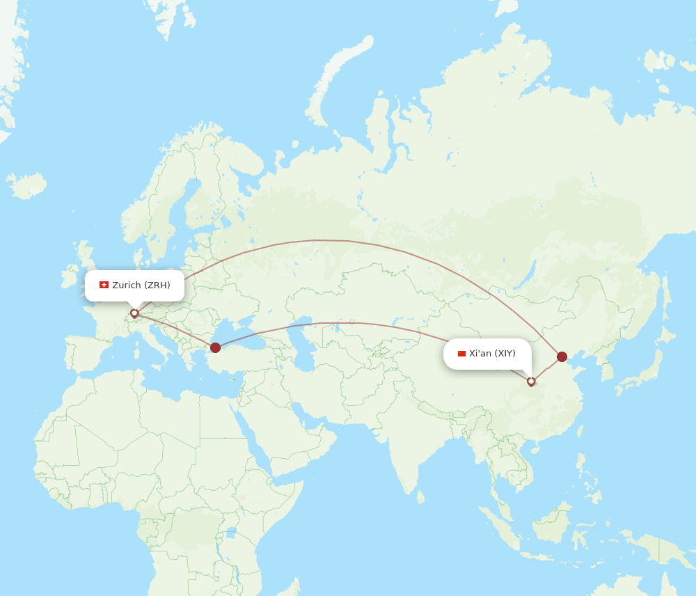 Zurich - Xian route map and flight paths