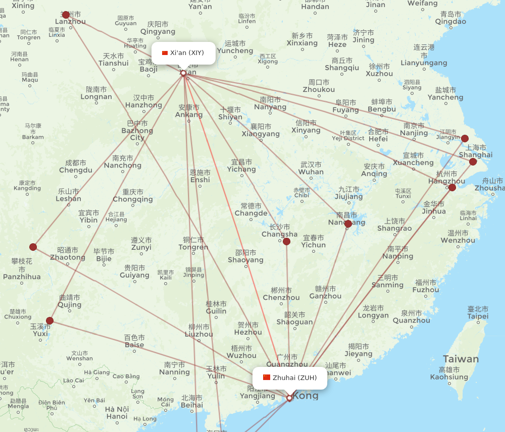 XIY to ZUH flights and routes map