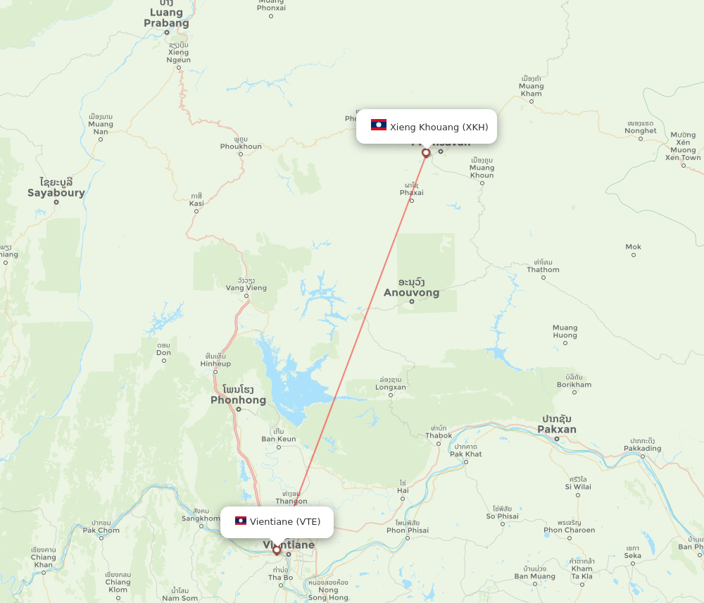 Xieng Khouang - Vientiane route map and flight paths