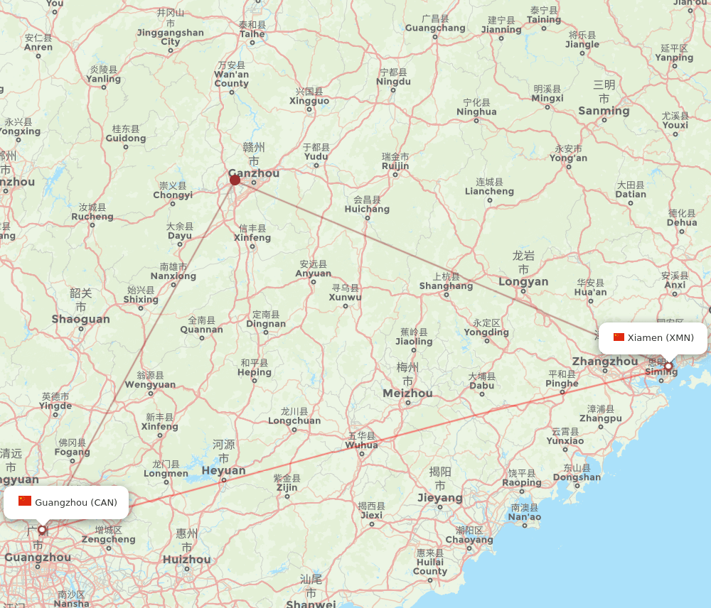 Xiamen - Guangzhou route map and flight paths