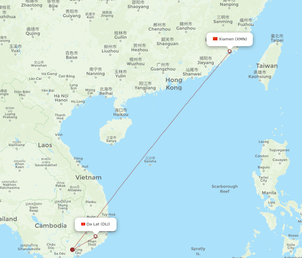 Dalat - Xiamen route map and flight paths